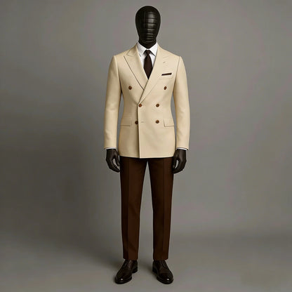 Conjunto de Terno Masculino de 2 Peças: Jaqueta Bege e Calça Marrom, Abotoamento Duplo, Lapela Pontiaguda, Formal e Casual de Negócios, para Noivos e Casamentos