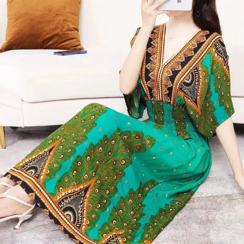 Flor colorida com decote em v elástico jovem boêmio doce midi vestido mulher roupas chique moda vestidos de verão 2025 grande balanço esqui
