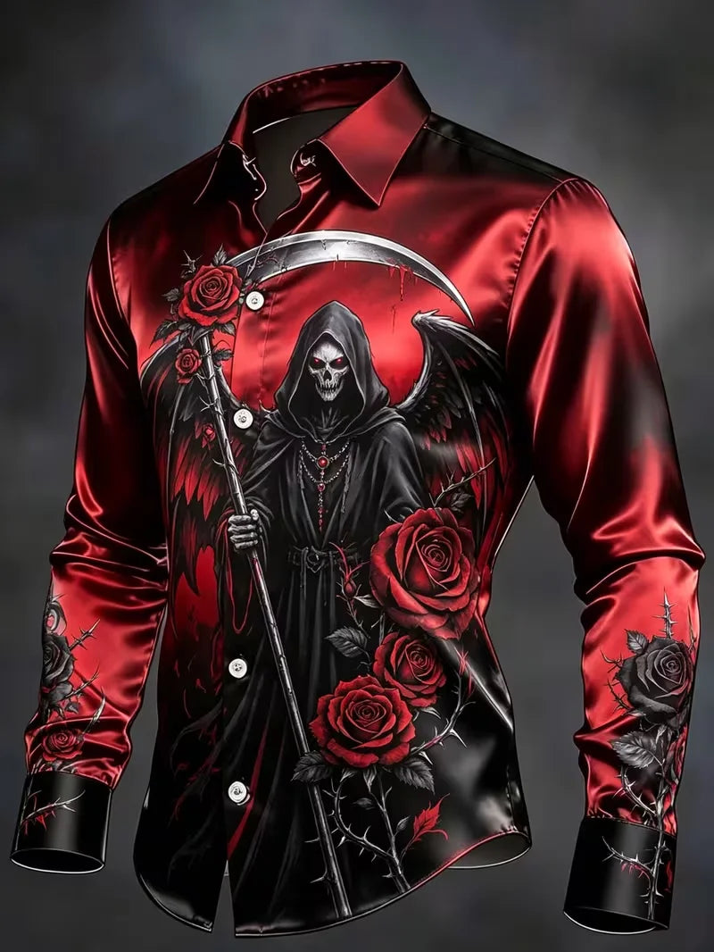 Nova camisa masculina de manga comprida com estampa geométrica dourada e detalhes em diamante, com caimento suave e lapela de cetim.