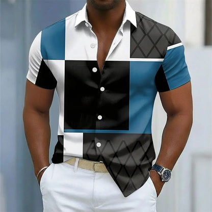 Camisa Masculina Color Block com Botões, Manga Curta, Casual, Estilo Streetwear, Estampa 3D, Gola Dobrável, Azul, Vinho, Marrom, Verde