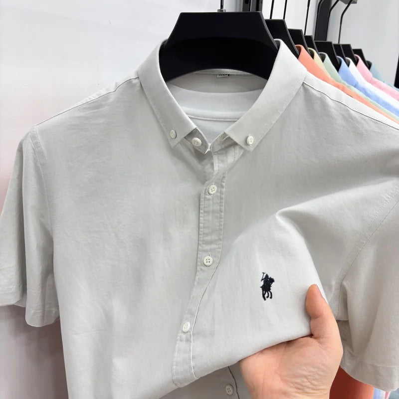 Camisa de manga curta de marca de grife 100% algodão masculina de verão de alta qualidade com bordado de pônei, elegante, para golfe, casual de negócios, confortável.