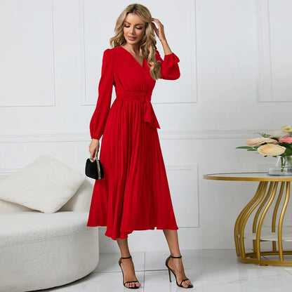 Vestido Midi Evasê Feminino Elegante com Cinto, Manga Longa, Decote V e Cintura Alta Plissada - Moda Transfronteiriça