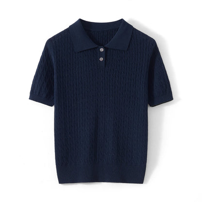 Camiseta Feminina de Algodão WinvyNee, Manga Curta, Azul Sólido, Ajuste Slim, Estilo Y2K, Gola Polo, Casual, Básica ZA1523009