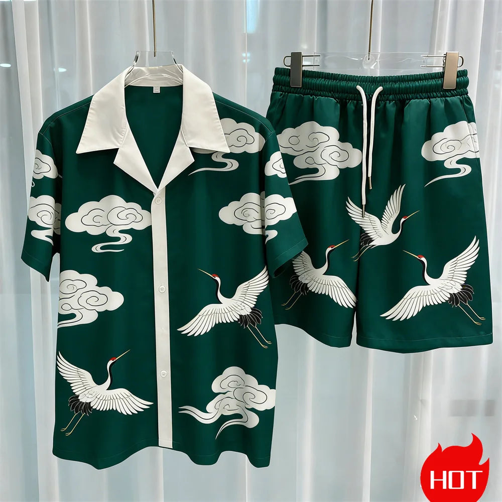 Conjunto de verão 3D masculino de duas peças, camisa havaiana de alta qualidade e shorts, conjunto unissex estilo Y2K, pijama masculino para ficar em casa.