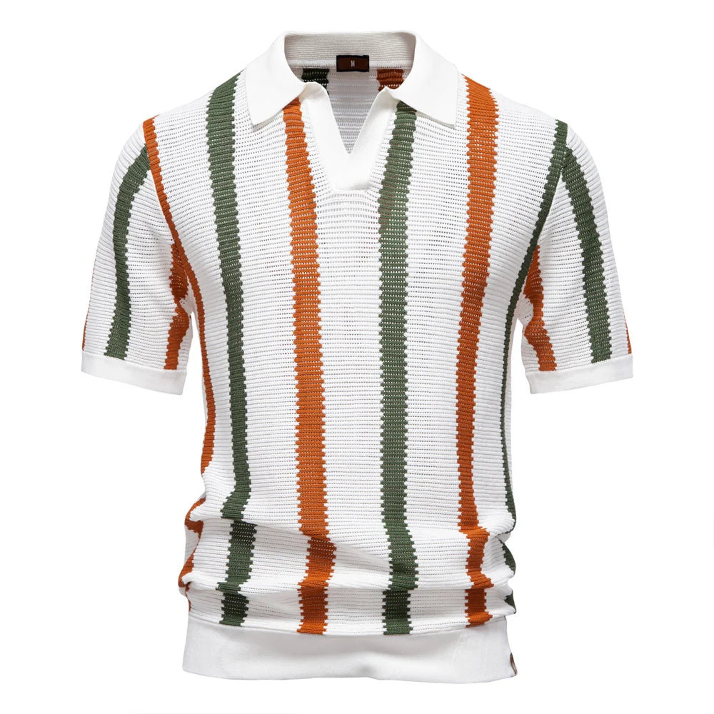 AIOPESON Men's Ribbed Knit Polo Shirt For Breathable Striped Casual Wear with Comfortable Collar High quality Male Polo Shirt