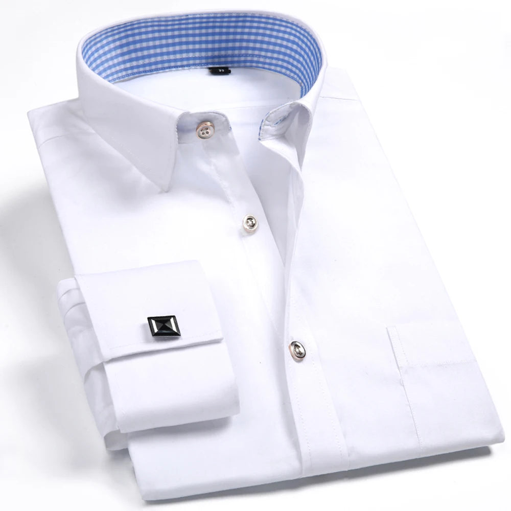 Camisa masculina com gola espalhada, punho francês, manga comprida, botões formais de negócios, camisas de casamento masculinas, ajuste regular, camisa com abotoaduras