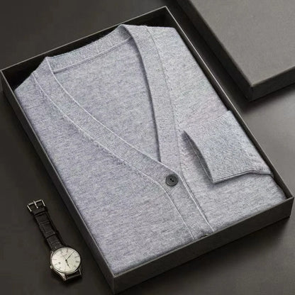 Cardigã Masculino Novo de Tricô com Gola V, Manga Longa, Abotoado, Cor Sólida, Leve, Grosso e Quente para Inverno