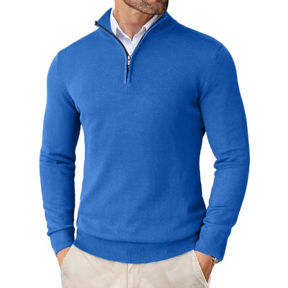 Suéter masculino com zíper de quarto, slim fit, leve, pulôver ao ar livre, gola simulada, meia gola alta, malha, streetwear