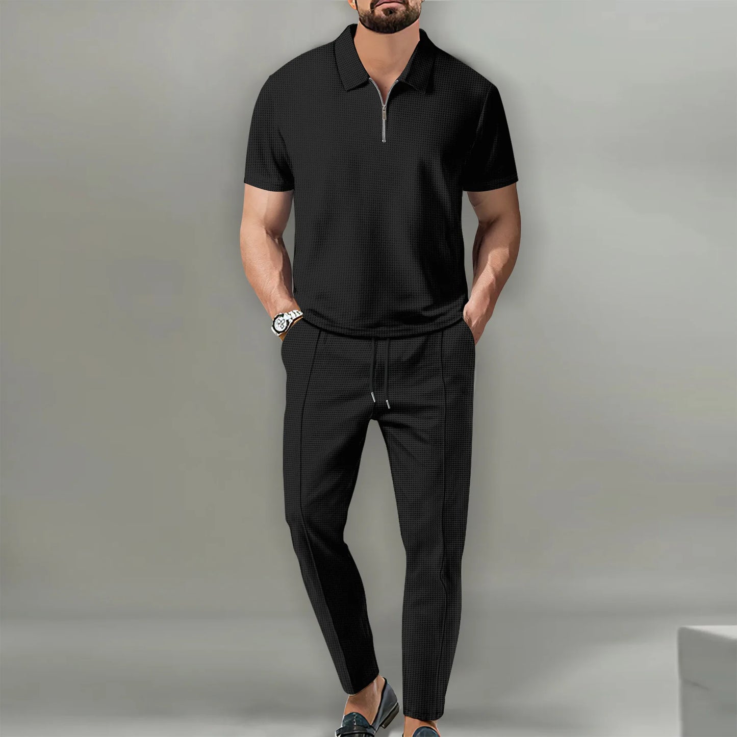 Verão masculino esportes polo terno de manga curta elegante zíper camisa polo e shorts conjunto masculino casual streetwear 2 peças lazer esportes conjunto