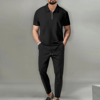 Verão masculino esportes polo terno de manga curta elegante zíper camisa polo e shorts conjunto masculino casual streetwear 2 peças lazer esportes conjunto
