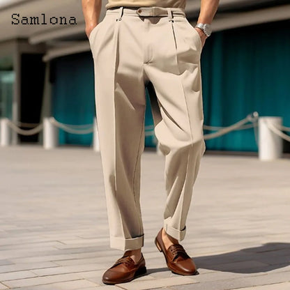 2023 masculino suporte bolso elegante calças de perna larga sólido branco festa de casamento calças plus size moda masculina botões até terno calças