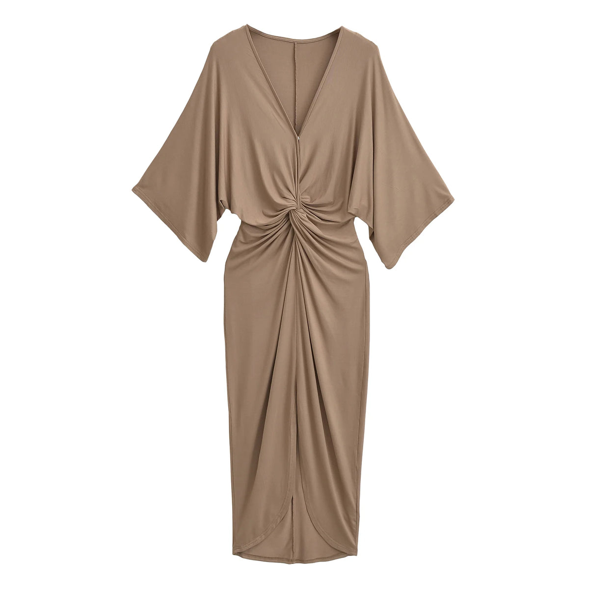 Vestido Midi Feminino com Decote V, Manga Morcego, Cintura Torcida, Amarração Traseira, Bainha com Fenda, em Tricô Macio, 3 Cores