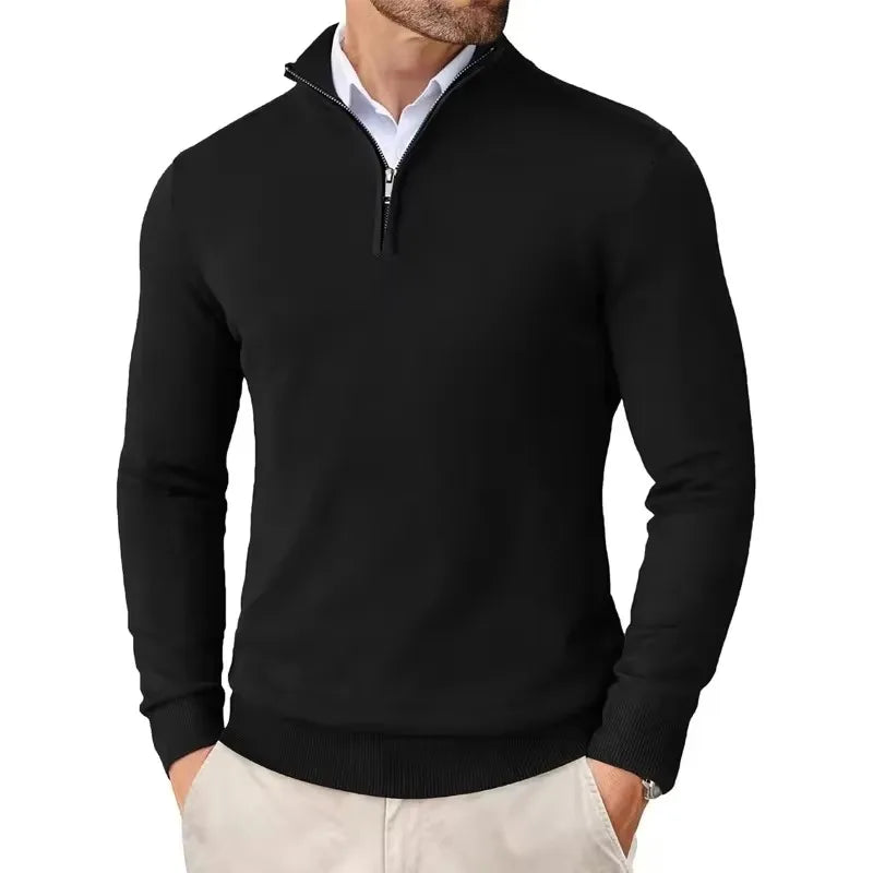 Suéter masculino com zíper de quarto, slim fit, leve, pulôver ao ar livre, gola simulada, meia gola alta, malha, streetwear