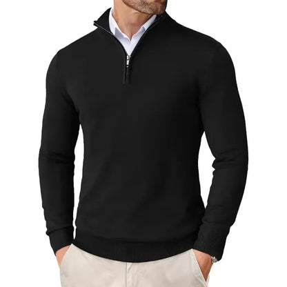 Suéter masculino com zíper de quarto, slim fit, leve, pulôver ao ar livre, gola simulada, meia gola alta, malha, streetwear
