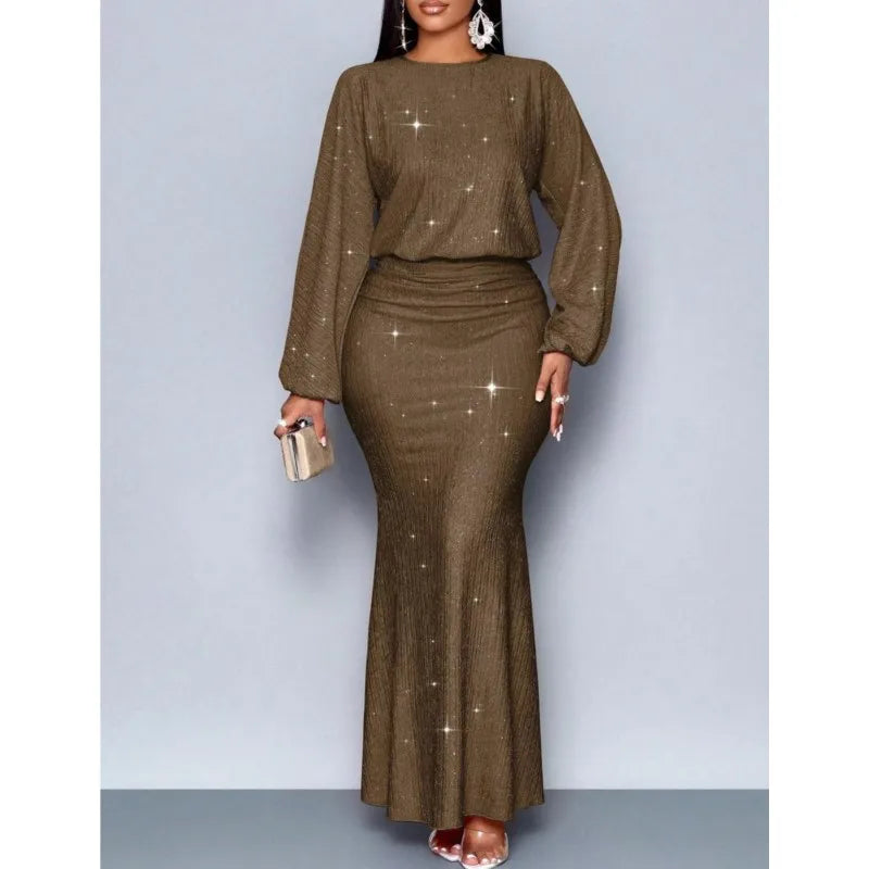 Vestido Elegante de Manga Longa com Decote Redondo e Cintura Alta para Mulheres, Vestido de Festa Formal Chic para Noite