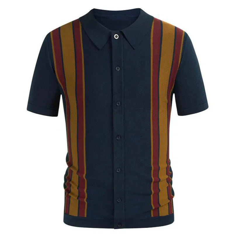 Novo verão camiseta masculina 2024 manga curta lapela listra impressão botão listra camisa polo moda pulôver topos