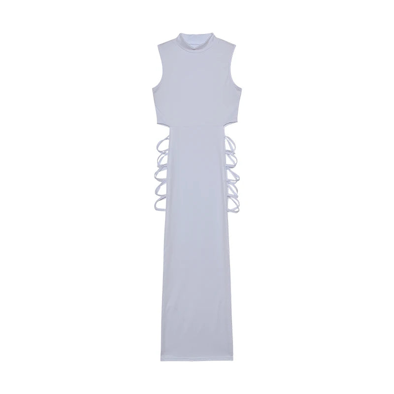 Vestido das mulheres Criss Cross recortado, Bodycon sexy, pescoço simulado, sem mangas, roupas femininas