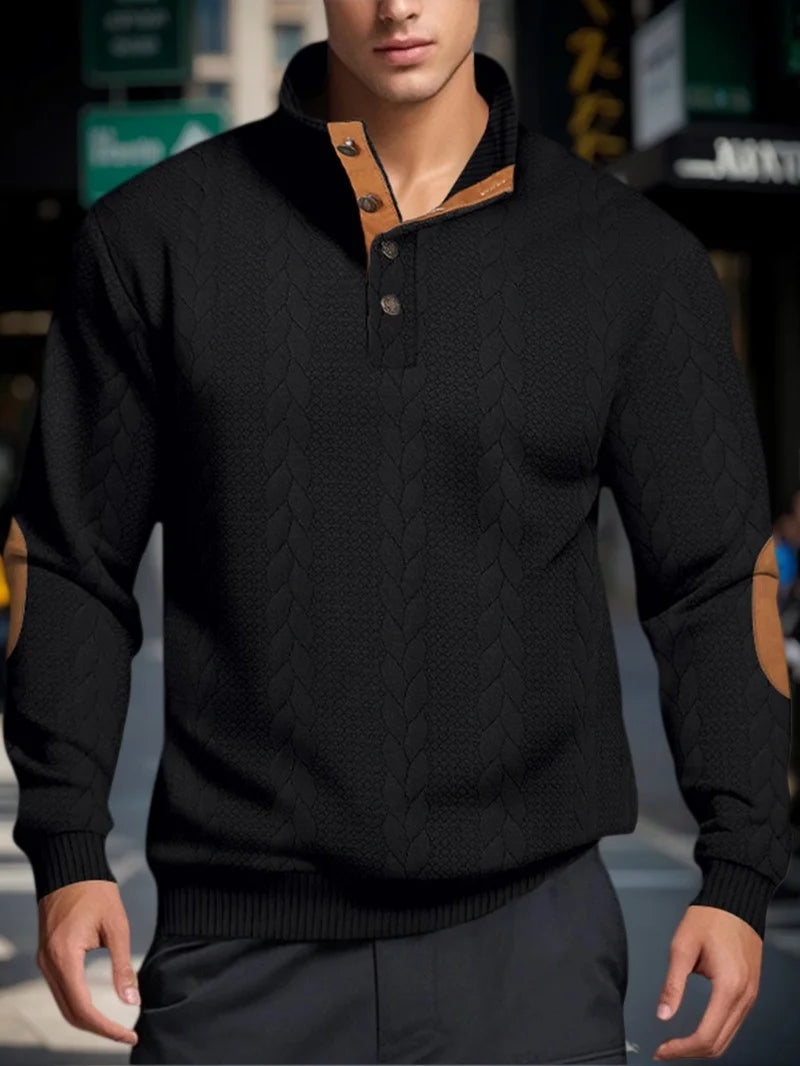Suéteres jacquard de malha masculina botão gola alta pulôver quente suéteres ao ar livre casual moletom de manga comprida masculino
