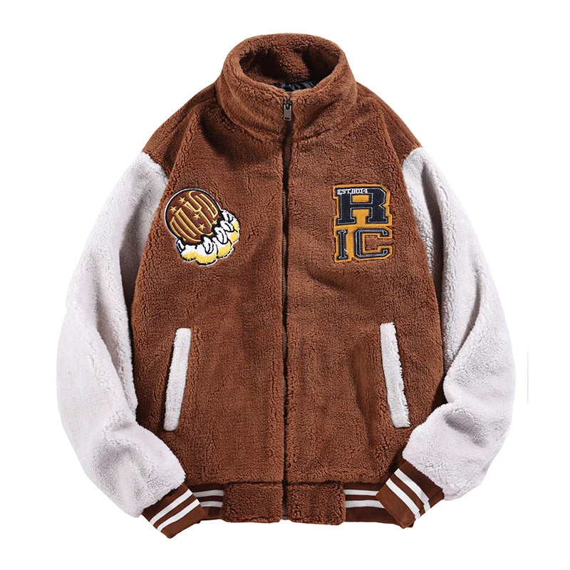 Jaqueta Varsity Masculina Preta e Branca com Patch de Letras, Zíper, Solta, de Inverno, em Fleece.