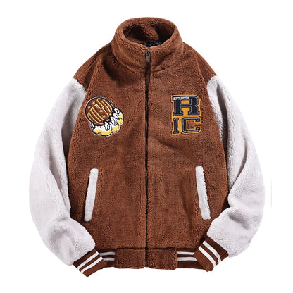 Jaqueta Varsity Masculina Preta e Branca com Patch de Letras, Zíper, Solta, de Inverno, em Fleece.