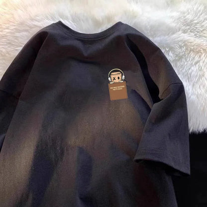 Camiseta masculina de algodão com estampa simples, estilo vintage americano, modelagem ampla, manga curta, gola redonda, unissex.