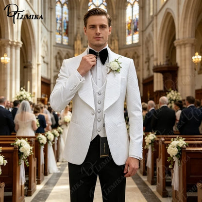 Terno Jacquard Branco de Luxo 3 Peças 2026 Masculino Slim Fit com Lapela Xale, Colete e Calça para Casamento, Noivo, Baile de Formatura e Festas Formais