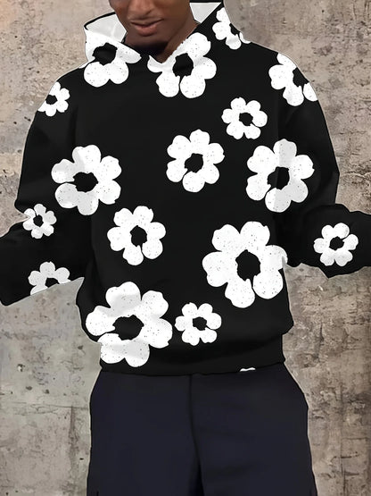 Men'S Casual Black Hoodie with White Floral Print Trendy Long Sleeve Pullover Regular Fit Slight Stretch Fabric Y2K Streetwear