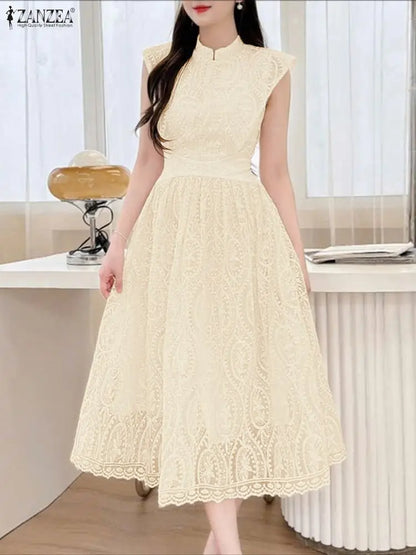 Vestido midi elegante ZANZEA para convidadas de casamento, com bordados em tule e patchwork, gola alta e mangas curtas.