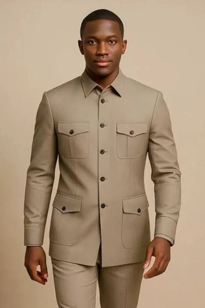 Ternos Casuais Masculinos Safari com Bolsos, Estilo de Moda Chinesa, Ajuste Slim, Terno de Casamento Sob Medida, 2 Peças, Jaqueta e Calças