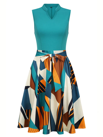 Vestido midi elegante feminino de verão com estampa geométrica em blocos de cores, sem mangas, com cinto e decote em V, ideal para férias. Perfeito para o verão.