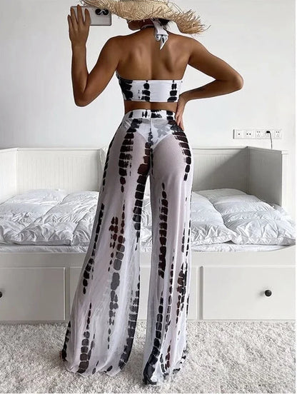 Conjunto de Biquíni Sexy de Três Peças com Calças Longas Estampadas, Moda Fena, Roupa de Banho Casual para Surf com Bojo ...