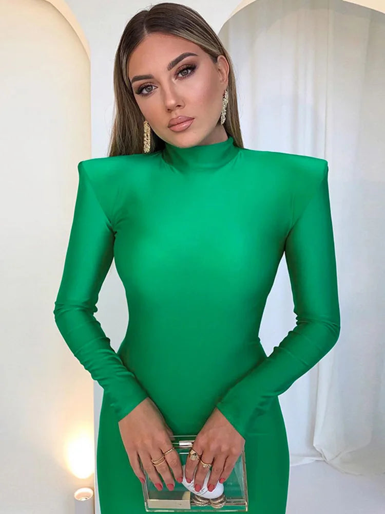 Ombro acolchoado manga longa bodycon verde festa clube maxi vestido longo primavera outono moda feminina roupas elegantes