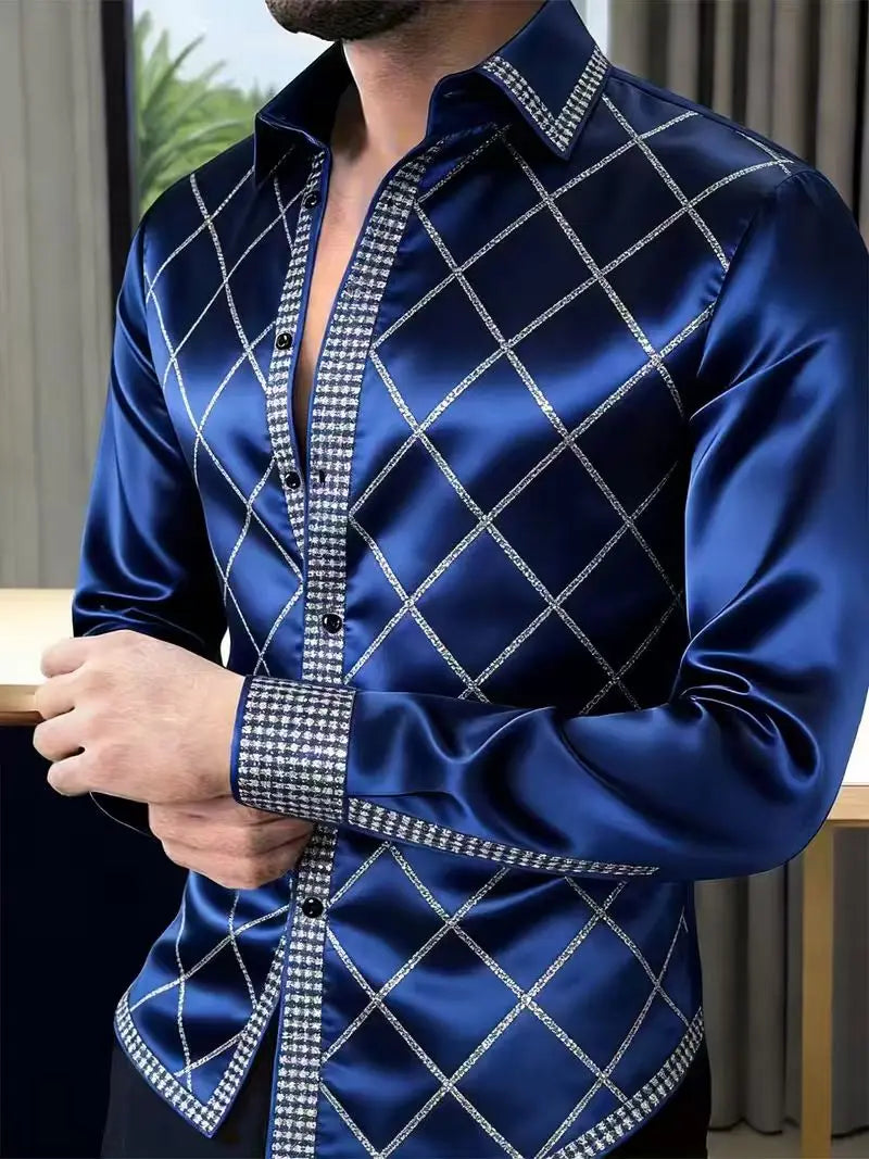 Nova camisa masculina estilosa com estampa 3D de chamas, design casual com botões e manga comprida.