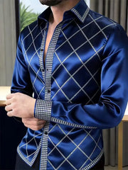 Nova camisa masculina estilosa com estampa 3D de chamas, design casual com botões e manga comprida.