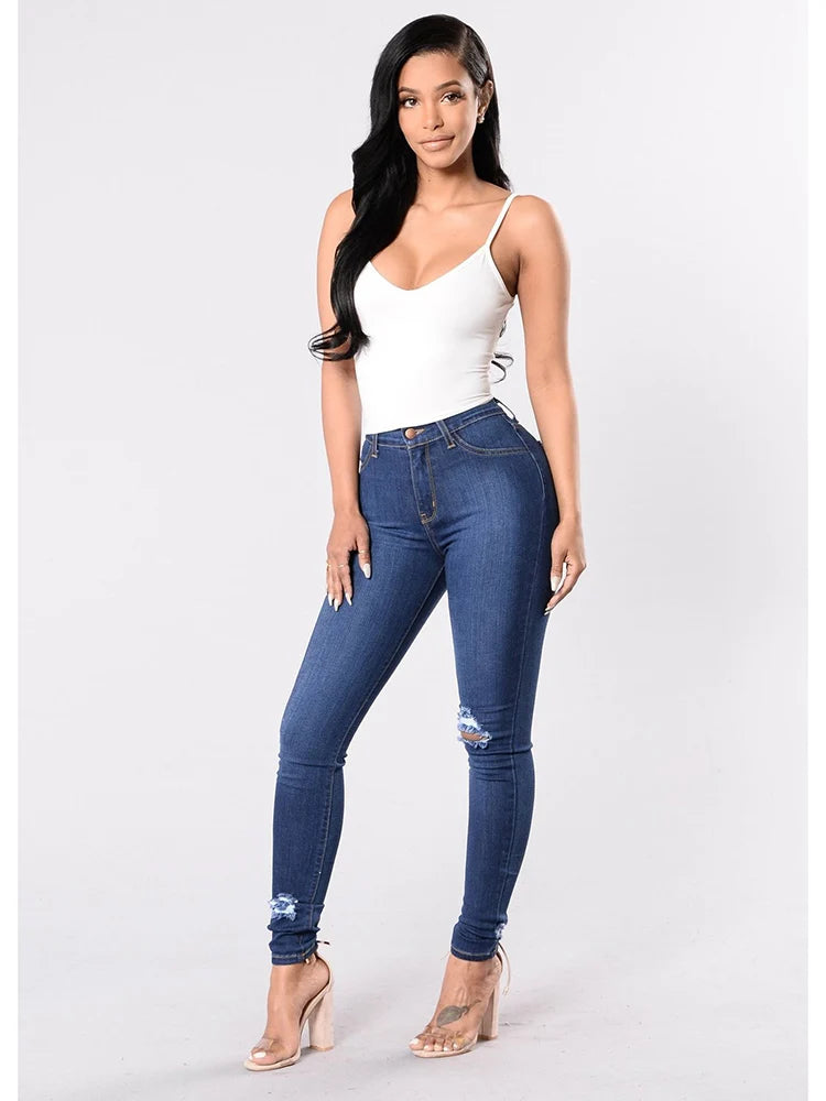 Mulheres Stretch Skinny Ripped Jeans, Calças Lápis de Cintura Alta, Envoltório de Pernas Estreitas, Hips, Calças Femininas, Plus Size S-3XL,