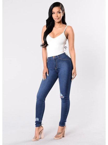 Mulheres Stretch Skinny Ripped Jeans, Calças Lápis de Cintura Alta, Envoltório de Pernas Estreitas, Hips, Calças Femininas, Plus Size S-3XL,