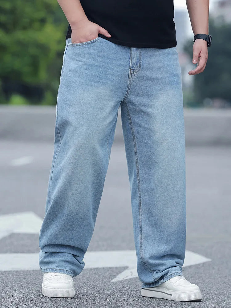 FENROOST Calça Jeans Masculina Plus Size de Cintura Alta Reta Solta Versátil para Todas as Estações Nova