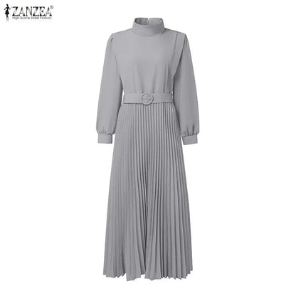 Women's Elegant Chic Maxi Dresses Turtleneck Lantern Sleeves Belted High Waist Pleated Long Dress ZANZEA Korean Style Robe Femme