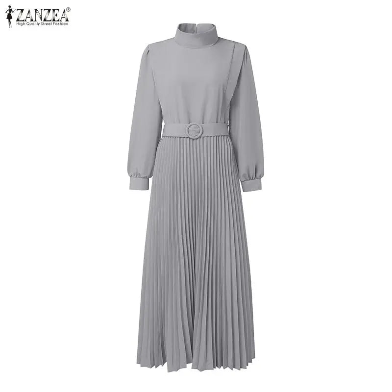 Women's Elegant Chic Maxi Dresses Turtleneck Lantern Sleeves Belted High Waist Pleated Long Dress ZANZEA Korean Style Robe Femme