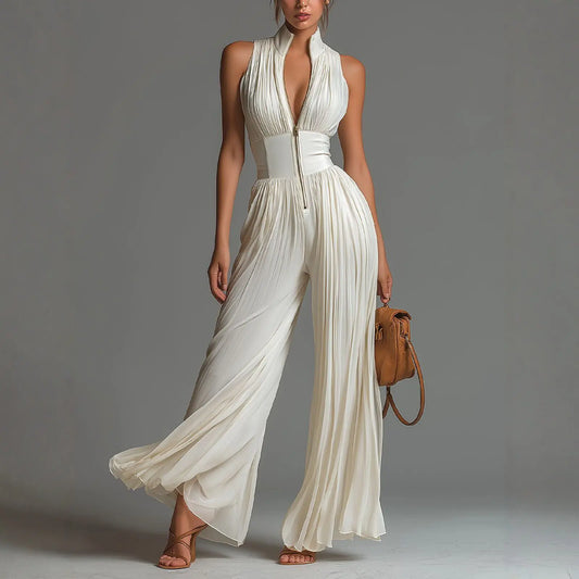 Elegant Stand Collar Zipper Pleated Jumpsuit Women's Solid High Waist Wide Leg Romper Summer Sleeveless Vacation Overalls