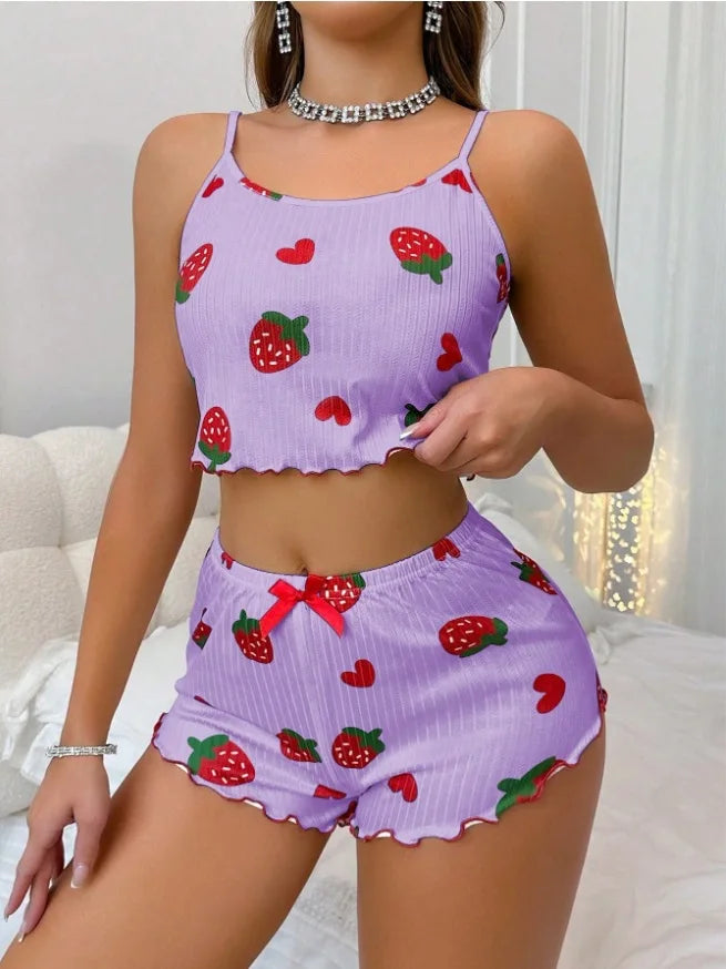 Conjunto de Pijama Feminino 2 Peças com Estampa de Morango de Verão, Roupa de Dormir Casual, Top Cropped com Alças e Shorts, Confortável para Usar em Casa