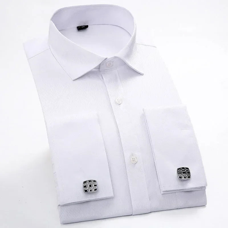 Qualidade frança abotoaduras homens vestido camisas botão turndown colarinho respirável fino ajuste festa de casamento smoking camisas hombre