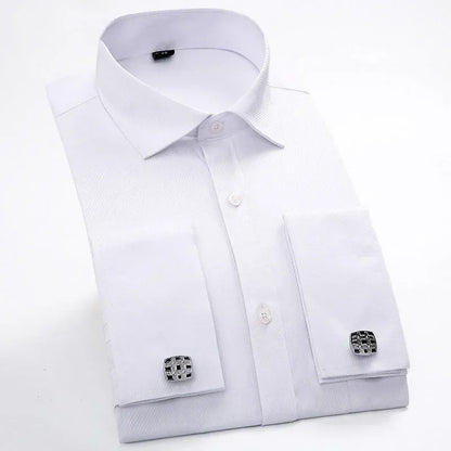 Qualidade frança abotoaduras homens vestido camisas botão turndown colarinho respirável fino ajuste festa de casamento smoking camisas hombre