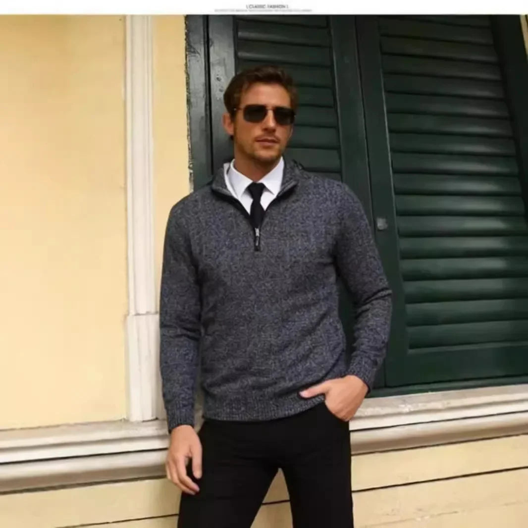 Suéter Masculino Casual de Tricô com Meio Zíper e Gola, Pulôver de Inverno com Listras Verticais, Camisa Base Confortável de Tecido Macio