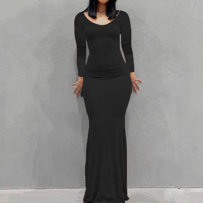 Novo vestido feminino longo, casual, justo, de manga comprida, para usar em casa