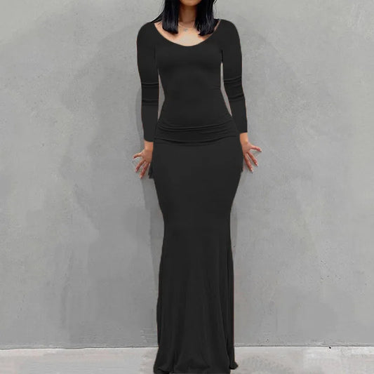 Novo vestido feminino longo, casual, justo, de manga comprida, para usar em casa