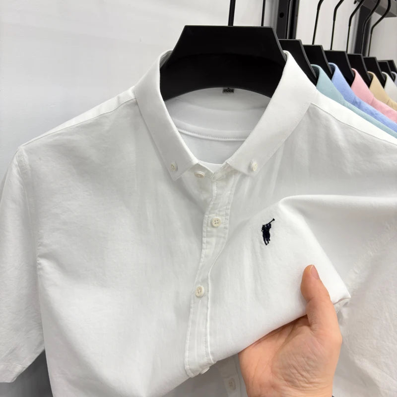 Camiseta masculina de manga curta 100% algodão puro respirável nova coleção de verão com bordado Paul Pony estilo casual para negócios