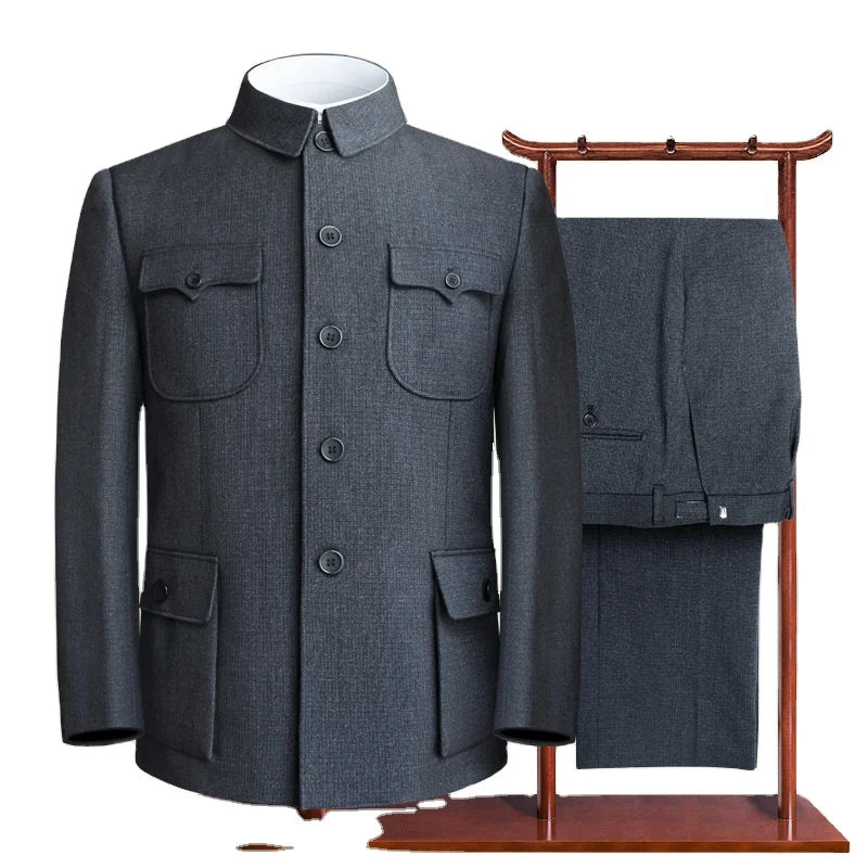 Conjunto de terno túnica chinesa para homens, terno Mao, casaco com calças, conjunto de 2 peças, jaqueta e calças Zhongshan, conjunto Twinset