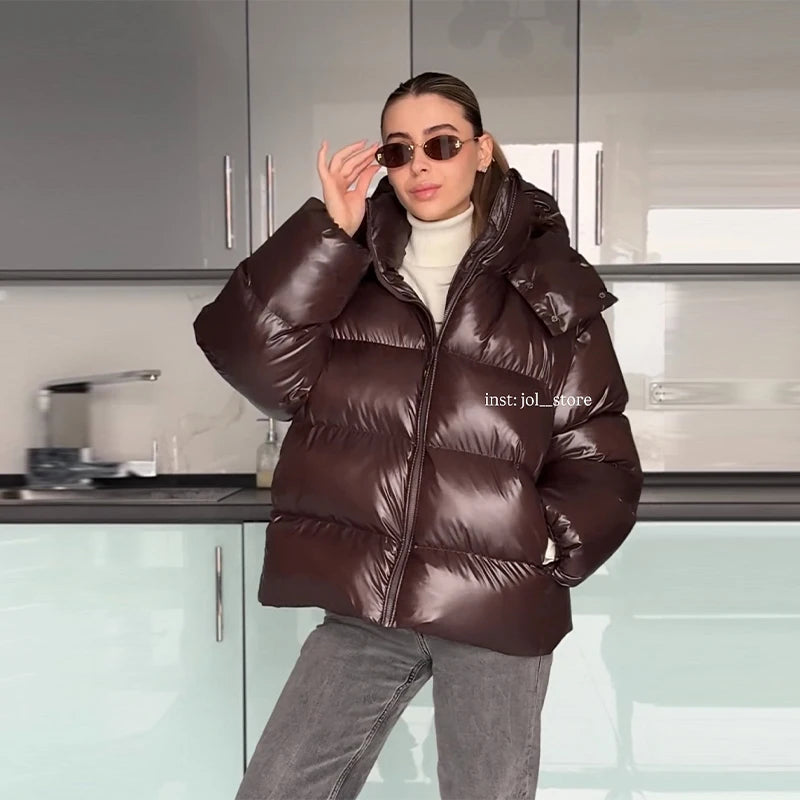 Moda com capuz recortado jaqueta acolchoada para mulheres casual sólido zíper bolso casaco de grandes dimensões senhora 2025 inverno rua quente outerwear
