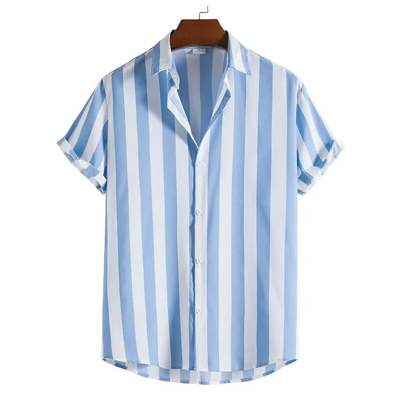 Listrado simples camisa masculina casual solto lapela cardigan topo tamanho grande camisa de manga curta masculina high-end confortável e simples